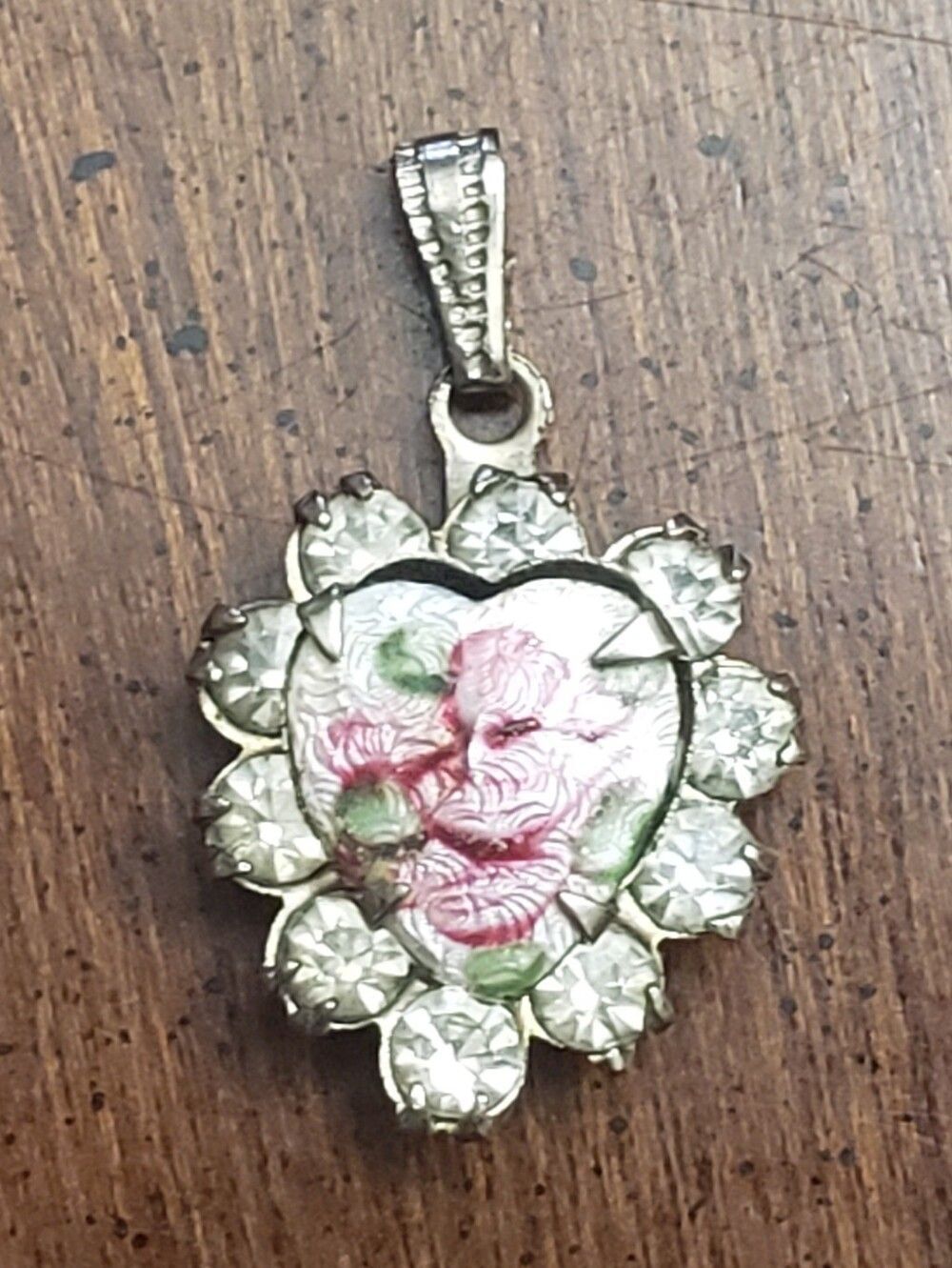 VINTAGE GUILLOCHE Pink Rose Rhinestone Embellished Heart Charm Pendant
